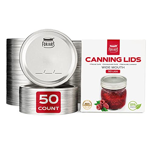 Wide Mouth Canning Lids 50-Pack Create Airtight Seals on Mason Jars to Preserve Food for Meal Prep & Emergency Food Storage 3.4 In. Metal Lids with Silicone Seals Canning Supplies by FORJARS