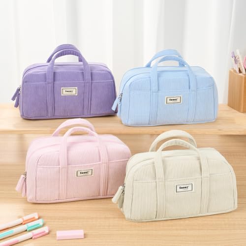 Image of Sooez Large Pencil Case Pouch, Extra Big Pencil Bag with 5 Compartments, Pen Bag Wide Opening, Soft Corduroy Pen Pouch Organizer with Zipper, Cute Aesthetic School Supplies for Teen Girls-Green