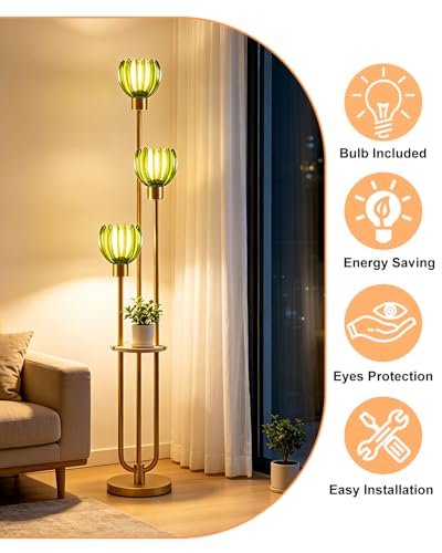 Image of Lightdot 3-Lights Glass Floor Lamp for Living Room Modern Gold Floor Lamps with Lotus Green Glass Shade& Bulbs Included for Wedding /Party Tall Standing Lamp for Bedroom /Sofa Beside /Corner Decor