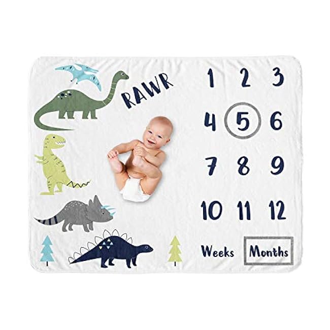 Sweet Jojo Designs Mod Dino Boy Milestone Blanket Monthly Newborn First Year Growth Mat Baby Shower Memory Keepsake Gift Picture - Blue, Green and Grey Modern Dinosaur Rawr