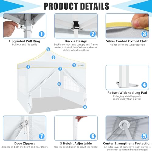 Image of HOTEEL Canopy Tent 10x10 Heavy Duty Pop Up Canopy with Sidewalls, Commercial Instant Waterproof Tent for Vender Patio, UV 50+ with Silver Coated, Upgraded Thickened Hexagonal Legs, White