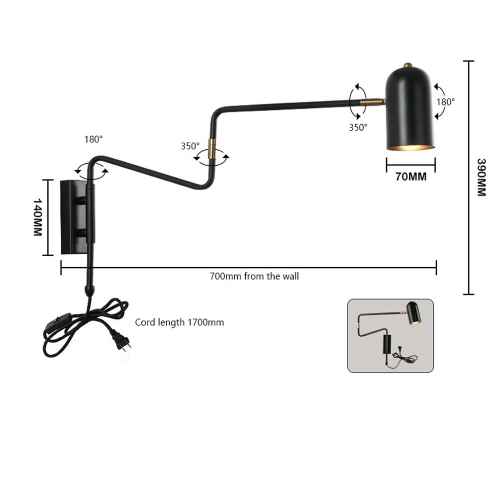 Vintage Wandleuchte mit Schalter und Stecker Wandlampe Verstellbarem Langen Arm Drehbarem Nachttischlampe E27 Innen Retro Industrielle Leselampe Teleskoparm Licht für Schlafzimmer Raum,Schwarz