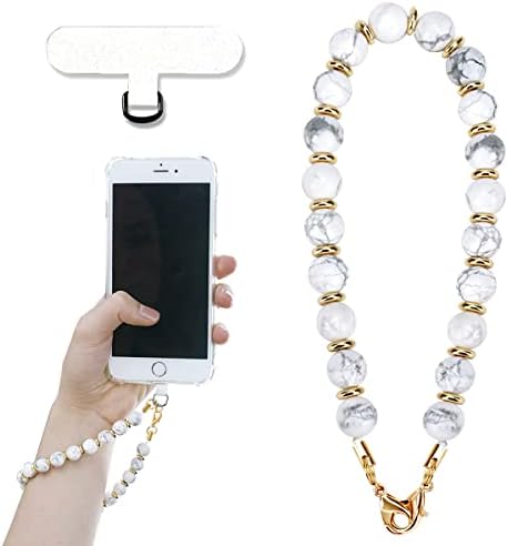 White Marble Beaded Phone Wrist Strap, Detachable Cellphone Lanyard with Tether Tab, Hands-Free Wristlet Bracelet, Adjustable Phone Charm Grip for Women iPhone 14 Pro Max/ 13 Pro Max/ 12 Pro Max/ 11