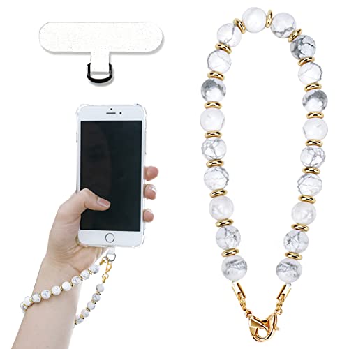 White Marble Beaded Phone Wrist Strap, Detachable Cellphone Lanyard With Tether Tab, Hands-Free Wristlet Bracelet, Adjustable Phone Charm Grip For Women Iphone 14 Pro Max/ 13 Pro Max/ 12 Pro Max/ 11 #TOP1