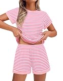 Ekouaer Damen Schlafanzug Kurz mit Streifen Kurzarm Pyjama Set Sommer Strukturstrick Hausanzug Loungewear mit Taschen Rosa&Weiß XL