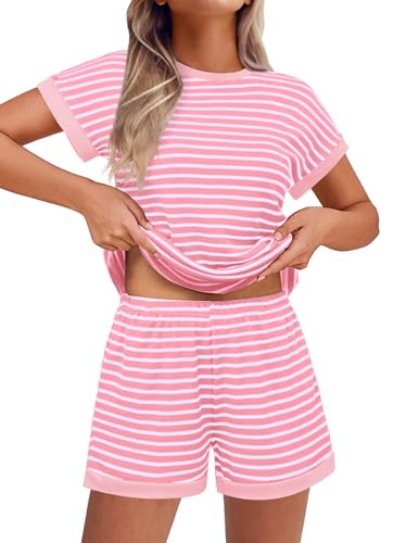 Image of Ekouaer Women Striped Pyjama Sets Knit Short Sleeve Pj Tops and Shorts Textured lounge wear sets ladies nightwear with Pockets Pink&White L