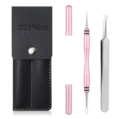 SGNEKOO Professional Milia and Blackhead Remover Tool Kit Titanium Alloy Double-Ended Needle & Stainless Steel Tweezers for Acne Pimple Zit and Blemish Extraction (Stainless Pink)