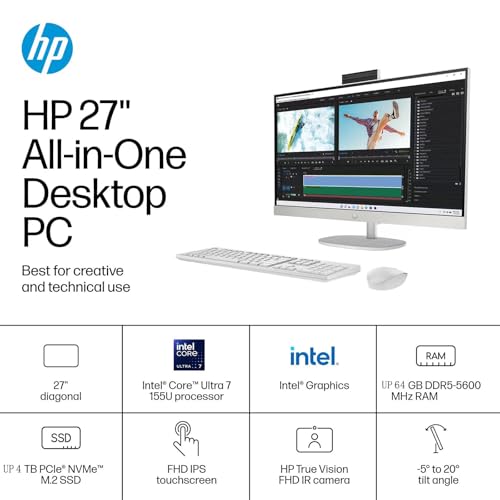 Image of HP 27 inch FHD All-in-One Touchscreen Desktop - Intel 12-Core Ultra 7 155U CPU • Adjustable Angle • WiFi 6 • 1080p Camera • Win11 Pro & External DVD Drive (64GB DDR5 RAM | 2TB SSD)