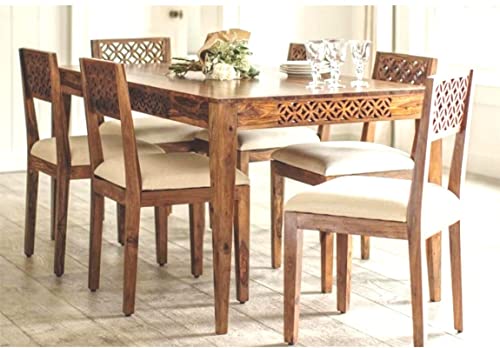 Image of SHRI MINTU'S ART Sheesham Wood Dining Table 6 Seater | Six Seater Dinning Table with 6 Chairs for Home | Dining Room Sets for Kitchen & Restaurants | Chairs with Cushion | Rosewood, Natural Finish