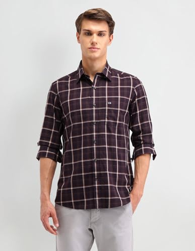Image of Arrow Sport Men Slim fit Cotton Checked Long Sleeves Semi-Cutaway Collar Shirt