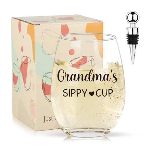 Grandma'S Sippy Cup 16oz Stemless Wine Glass With Metal Wine Bottle Stopper, Mothers Day Gifts For Grandma, Nana, Grandma Mothers Day Gifts From Grandkids, Grandson, Granddaughter, Funny Wine Glasses