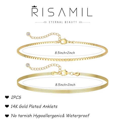 Image of Risamil 14K Gold Plated Ankle Bracelets for Women, Anklets for Women Waterproof Layered Ankle Bracelets for Women Teen Girl Herringbone Anklet Set Summer Foot Jewelry Gifts