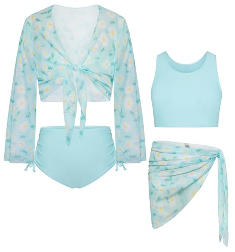 Image of GRACE KARIN Girls Bathing Suit Adjustable Taniki Swimsuit Tie Front 4 Piece Bikini Set with Kimono Cover Up 6-14