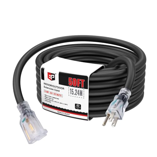 EP 50 Ft Lighted Outdoor Extension Cord - 10/3 SJTW Heavy Duty Black Extension Cable with 3 Prong...