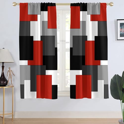 AAtter Red and Black Window Curtain White Grey Gray Geometric Abstract Mid Century Art Aesthetic Boys Mens Wide Living Room Bedroom Drapes Treatment Fabric 1 Pair, 52" W x 63" L, Modern