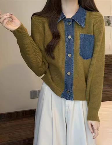 Image of Womens Sweaters Patchwork Denim Sweater Cardigan Long Sleeve Chunky Knit Cardigans Fall Cardigan