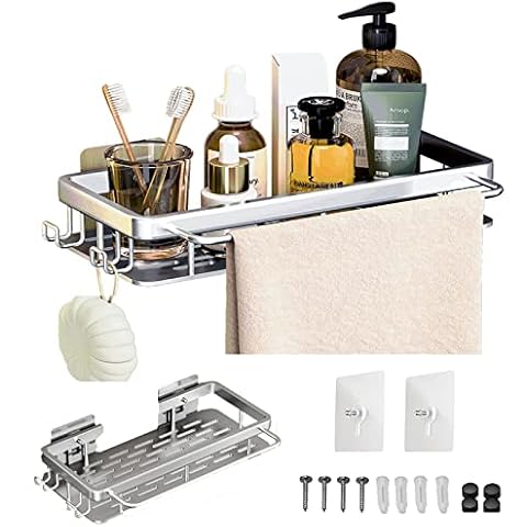 MUJUZE Shower Shelf No Drilling Bathroom Shelf Shower with Hooks and Towel Holder Design Shower Basket Shower Shelf No Drill Bathroom Storage & Organisation (Shower Shelf Silver) Cover