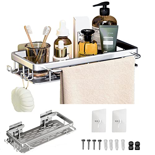 MUJUZE Estante para ducha sin agujeros, estante para cuarto de baño con gancho y toallero, diseño cesta de ducha, sin agujeros, para almacenamiento y organización (bandeja de ducha plateada) Cover