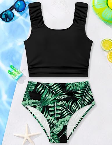 Image of Girls Tankini Swimsuit 2 Piece Bathing Suit Twist Cross Back Cutout Swim Tank Top Floral Print Swimwear for 7-18Y