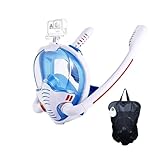 Schnorchelmaske, Doppelschlauch, Silikon, vollständig trocken, Tauchmaske, Schwimmmaske, Taucherbrille, eigenständiger Unterwasseratem(White - Blue,L/XL)