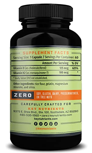 Key Nutrients Vitamin D3 K2 Non Gmo Gluten Free Formula - Vitamin D3 + K2 5000Iu Mcg For Healthy Muscle, Bone, Heart & Immune Support, Energy & Mood Enhancer, K2 D3 Vitamin Supplement Fast Absorption #TOP1