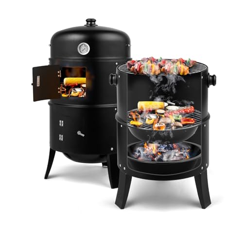 LEADZM Barbecue Charbon de Bois 3-en-1 gril à charbon de bois fumé barbecue extérieur dîner familial grande capacité noir 80x41x48cm