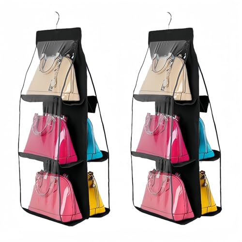 HAN SHENG 6 Pockets Clear Handbag & Purse Organizer Hanging Bag Storage - Space Saving Hanging Shelf for Closet, Wardrobe, Over Door (2 Pack, Black)