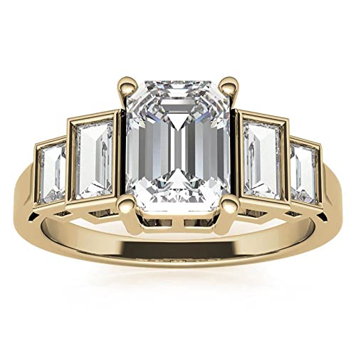 Art Deco Emerald-Cut Moissanite - 1 To 5 CT - Engagement Ring – Baguette Side Stones – 10K/14K/18K White, Yellow, Rose Gold & 925 Sterling Silver