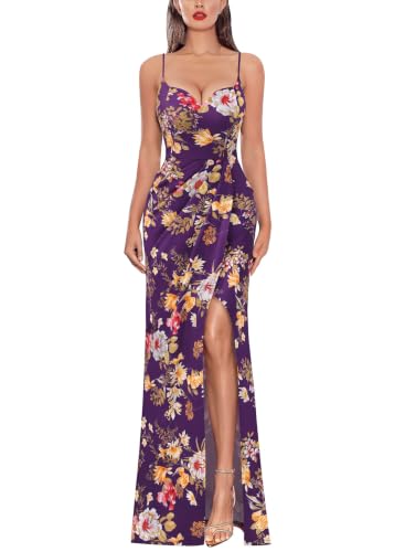 Image of VFSHOW Womens Sexy Spaghetti Strap Formal Prom Evening Gala Long Maxi Dress | Ruched Hight Slit, Sweetheart, Cocktail Wedding Guest Fitted Bodycon Gown