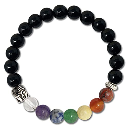 cotigo Bracciale dei chakra a 7 pietre, bracciale di pietre naturali - Bracciale elastico a sfere, bracciale energetico yoga per donna o uomo (Agata Nera)