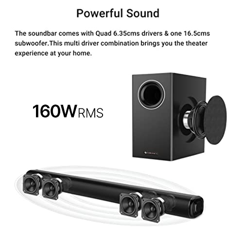 Image of Zebronics Zeb-JUKEBAR 5000 PRO, 160W Multimedia soundbar with subwoofer Supports HDMI(ARC), Optical Input, AUX, Wireless BT & USB