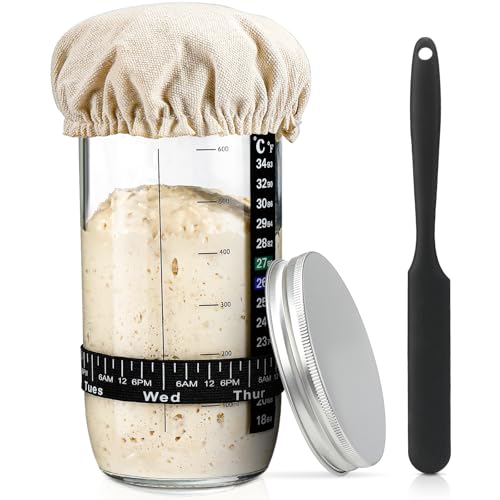 Comparison: Best Sourdough Starter Jars 4 Sourdough Bread Baking Supplies,24 oz Sourdough Starter Jar Glass, Sourdough Starter Kit with Date Marked Feeding Band, Thermometer, Silicone Scraper, Sewn Cloth Cover & Aluminum Lid, Sourdough Jar