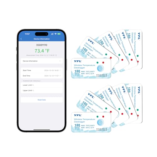 YFL Wireless Temperature Data Logger Reusable Temperature Sensor USB-Free Thermometer Recorder High Accuracy Thermometer with PDF Reports 180 Days Low Temperature Monitor Indoor Outdoor-10 Packs