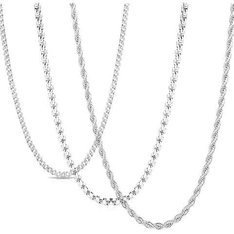 EVELICAL 3Pcs Chain Necklace for Men Women Stainless Steel Cuban Link Rolo Rope Chain Necklace 18 Inches Silver Chain for Men 3MM Wide Cover