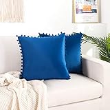 Elegant Comfort POM-POMS Fringe Velvet Cushion Covers Set of 2, Velvet Soft Solid Decorative Square Throw Pillow Covers Set Cushion Case for Couch Bed, Livingroom 18 x 18 Inch (45 x 45 cm), Royal Blue