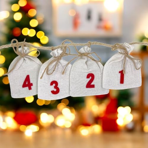 MIJOMA Calendrier de l'Avent à remplir – 24 sachets en coton avec chiffres en feutre et ficelle de jute, calendrier de Noël en tissu et toile de jute, 9 x 11 cm, différentes couleurs, calendrier de – vue 4