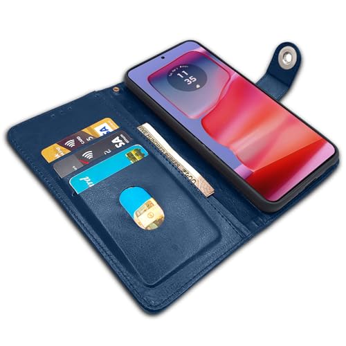 Image of Pikkme Moto Edge 50 Pro 5G Flip Cover Leather Finish | Inside TPU with Card Pockets | Wallet Stand and Shock Proof | Complete Protection Button Flip Case (Blue)