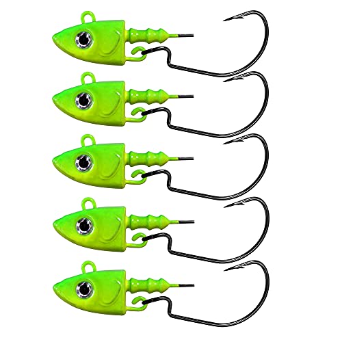QualyQualy Fishing Jig Heads for Shad Lure Swimbait Jig Head Fish Head 3D Eyes Jighead Bass Jig Fishing Jigs 7/8 oz 5Pcs (Green and Yellow)