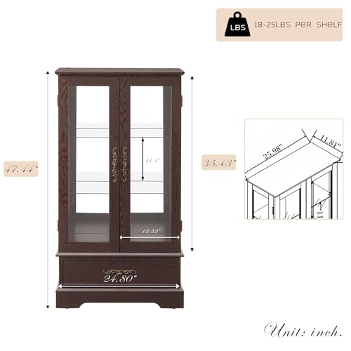 Curio Cabinet 47" H Vintage Glass Display Cabinet with 3-Tier Adjustable Glass Shelves, Acrylic Mirrored Back Pane, Light Blub Included, China Cabinet for Living Room (Dark Cherry)