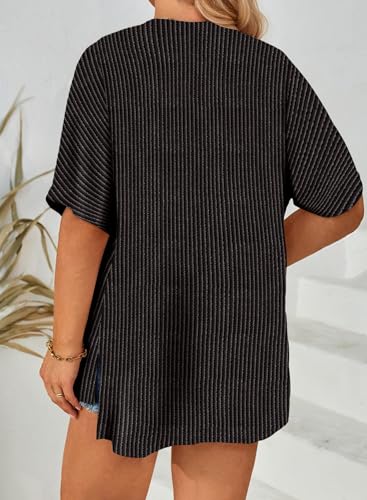 Image of Eytino Women Plus Size Lightweight Cardigan Half Sleeve Ribbed Knit Kimono Cardigans Tops(1X-5X)