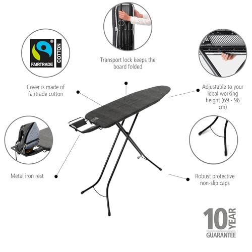 Image of Brabantia Compact Ironing Board with Left /Right Adjustable Steam Iron Rest | Small (Size A) | Fairtrade Denim Black Cover | Adjustable Height (27-38 inch), Easy Fold, Anti-Collapse Lock, Non-Slip Feet