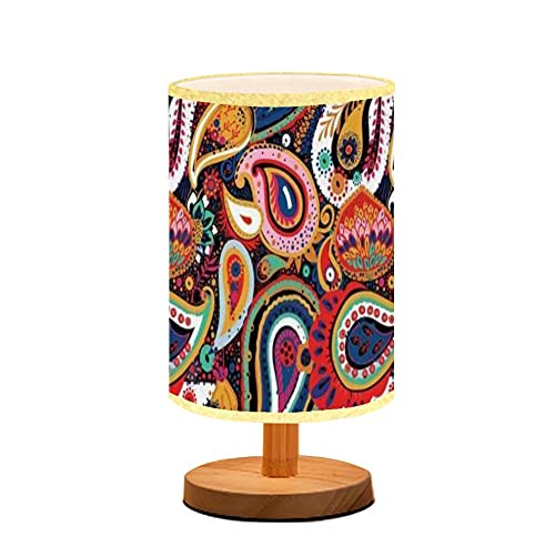 Minimalist Bedside Lamp Paisley Turkish Cucumber Seamless Pattern in Traditional Oriental Small Table Desk Lamp Nightstand Lamp for Bedroom Home Solid Wood Base Flaxen Fabric Shade Gift