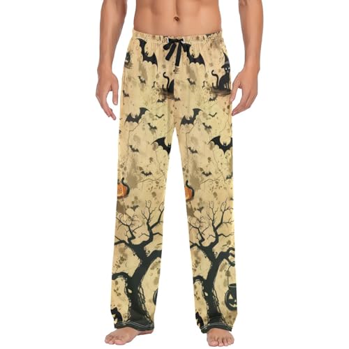 Men's Pajama Pants Halloween Pumpkin Tree Sleep Pajama Lounge Pant with Pockets, Elastic Waistband