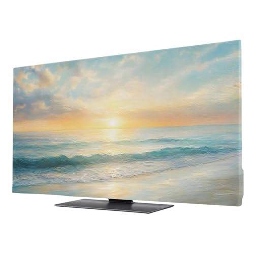 Ueplerts Indoor Elastic TV Cover, Ocean Sunrise Coastal Dust Proof TV Screen Slipcover Protection, Summer Beach Abstract Art Stretch Waterproof Monitor Fitted 55" TV Covers for Inside