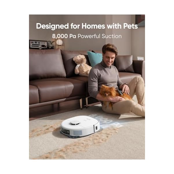 Eufy x10 pro omni robot vacuum and mop combo 8000 pa suction dual mops with 12 mm auto lift and carpet detection ai obstacle avoidance auto mop washing auto drying self emptying white  urban country home decor