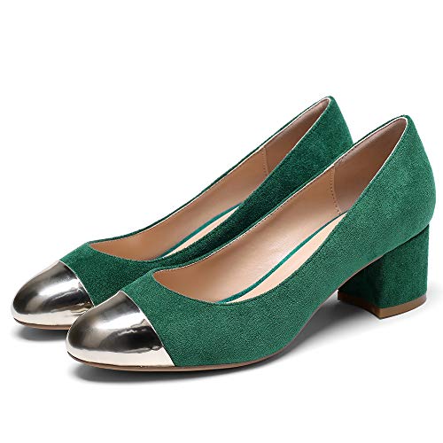 YODEKS Women's Mid Heel Pumps Shoes Round Toe Color Stitching High-Heel Slip On Pumps Manmade Leather 2" Block Heel Closed Toe Party Dress Shoes3