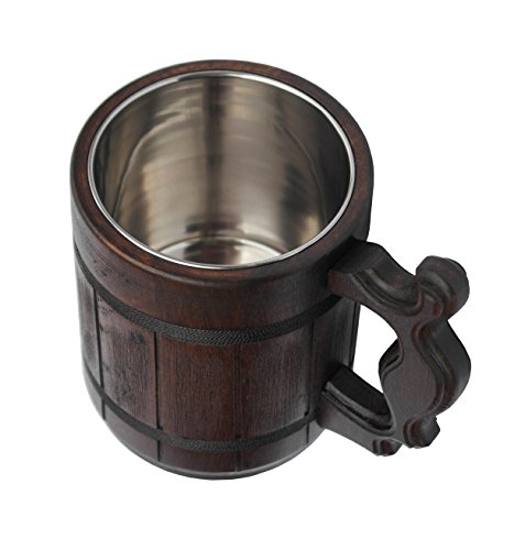 Etno Motif Handmade Wood Mug 20 Oz Stainless Steel Cup Carved Natural Beer Stein Old-Fashioned Brown - Wood Carving Beer Mug Of Wood Wooden Beer Tankard Capacity: 20Oz (600Ml) - Great Gift Idea #TOP4