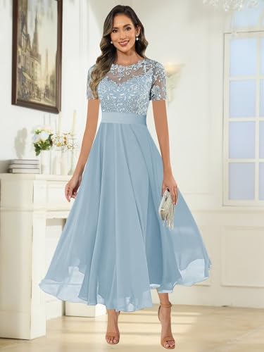 Mother of The Bride Dresses for Women Short Sleeve Lace Applique Long Chiffon Mother Groom Gown2
