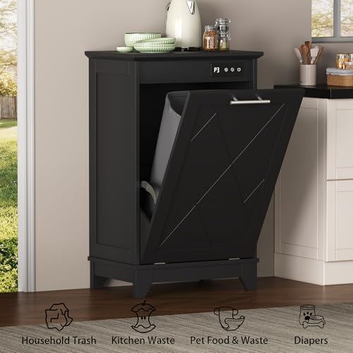 Image of Single Tilt Out Trash Can Cabinet with Negative Ion Odor Control, Hidden 10-Gallon Recycling Cabinet, Dog Proof Garbage Can for Kitchen, Laundry, Dining Room, Black