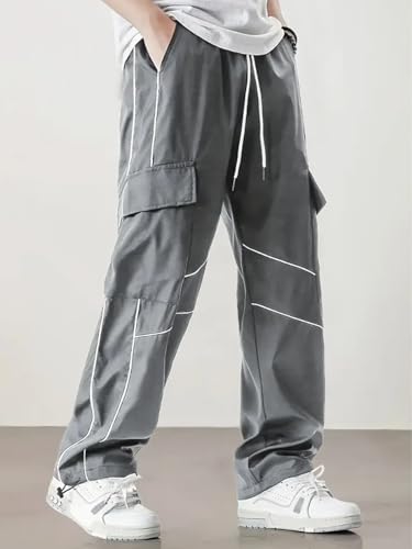 Men's Stylish Drawstring Casual Sweatpants with Drawstring Elastic Waist Stylish Side White Piping, Sports Streetwear.4